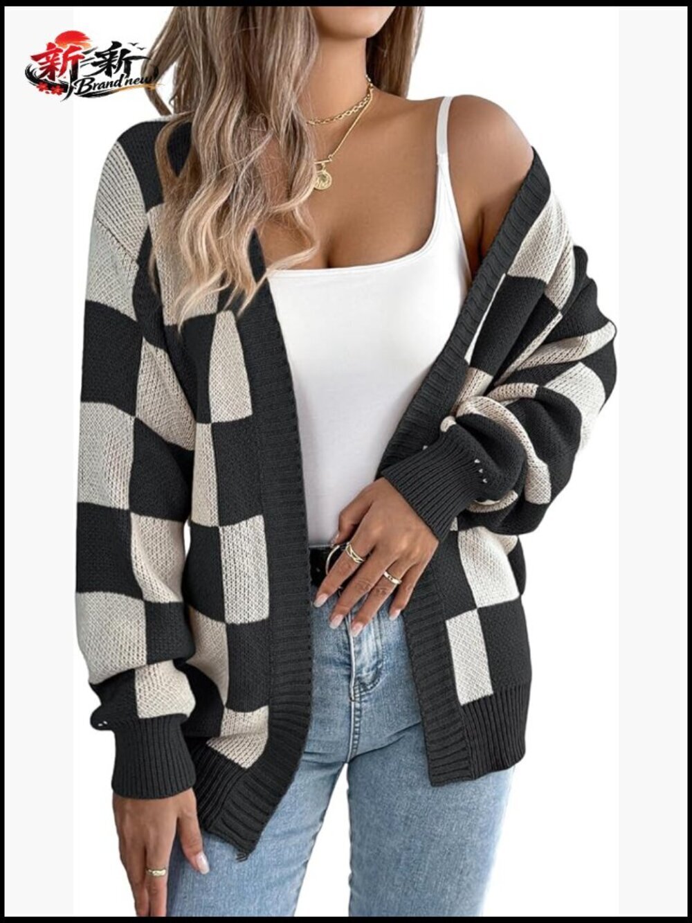 Checkered Oversized Knit Cardigan Long Sleeve V-Neck Lantern Sleeve